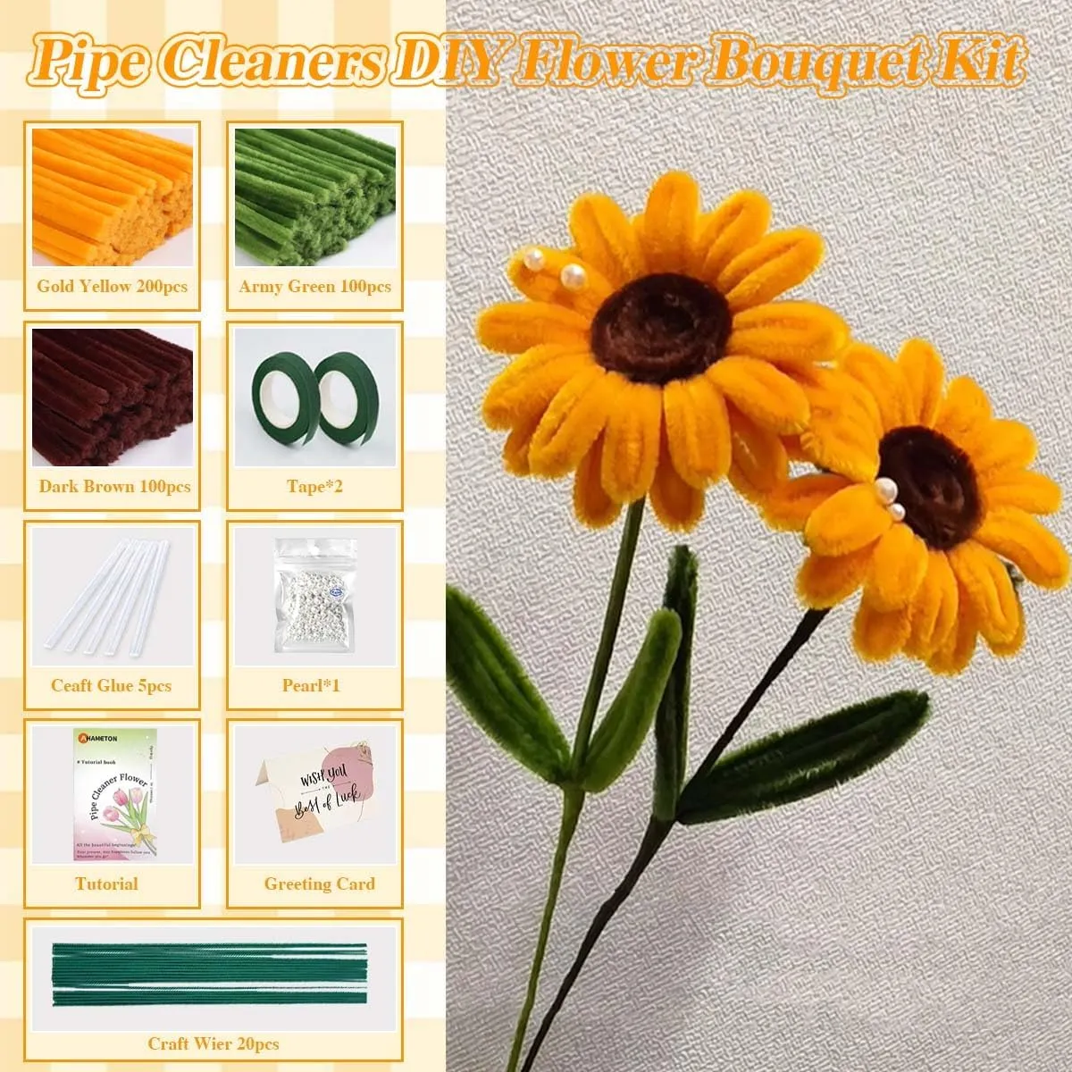 Golden Yellow Pipe Cleaners Craft Supplies Green Pipe Cleaners DIY monogamous diver contour Sunflower Bouquet Kit Chenille Stems Wedding Graduation Mother's Day Gift 529pcs Fluffy Pipe Cleaners Bulk 