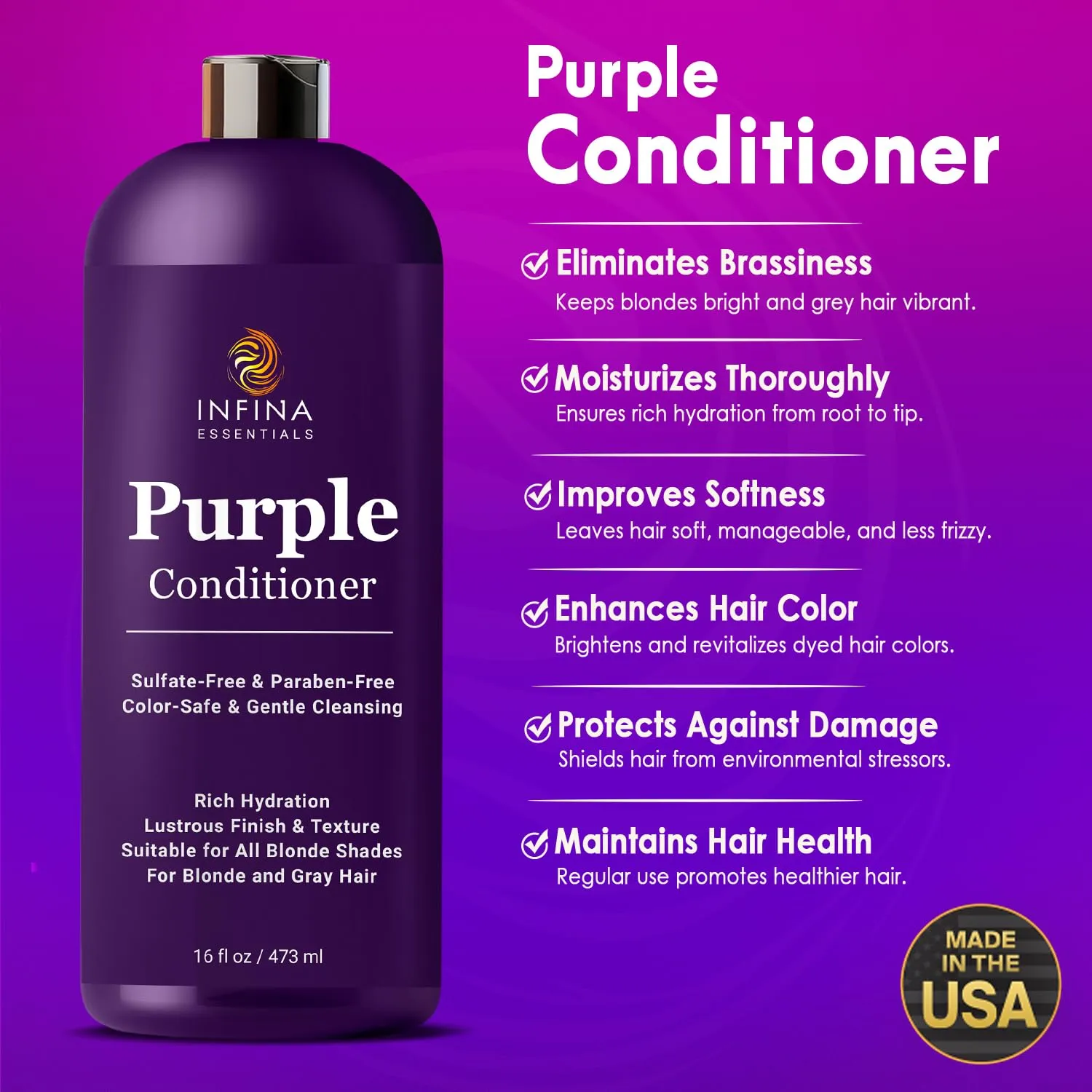 Grey, Brassy, Silver & Color Treated Hair - Sulfate Free, Enriched with Coconut Oil, Aloe Vera & Collagen - Blonde Toner Nourishes & Hydrates, Gothic 16 fl oz Purple Conditioner for Blonde, 