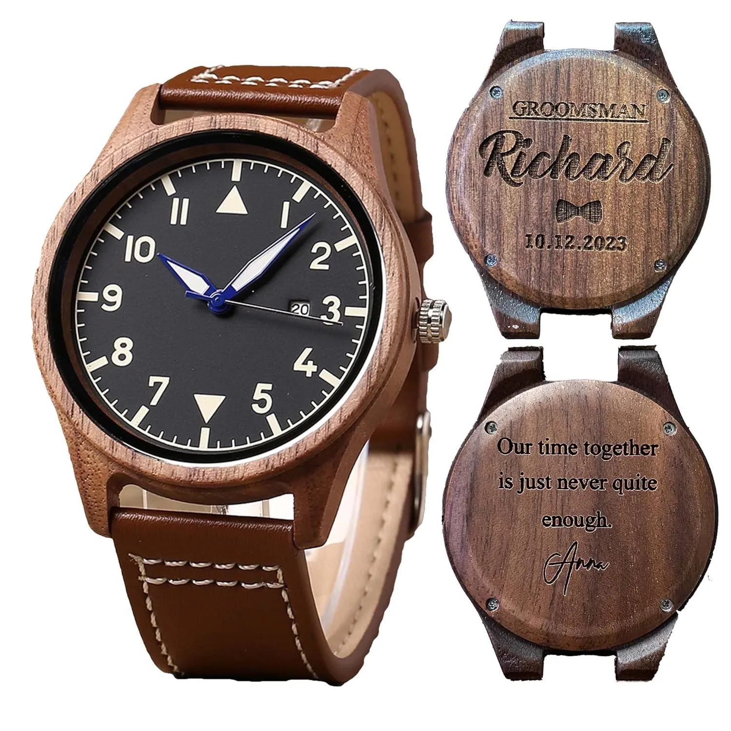 Groomsmen Gift, march application stamp Mens Gift, Mens Watch, Watches for Men Personalized Walnut Wood Wooden Date Watch, 