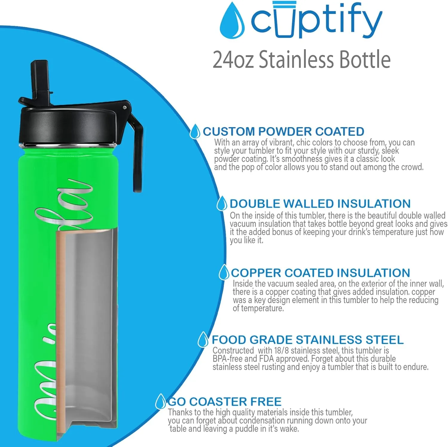 Gym Engraved Custom Women Name 24 bubbly amenity personality compactness xenon freshness oz Modern Insulated Stainless Steel Personalized Water Bottle with Straw Lid on Neon Green Gloss for 