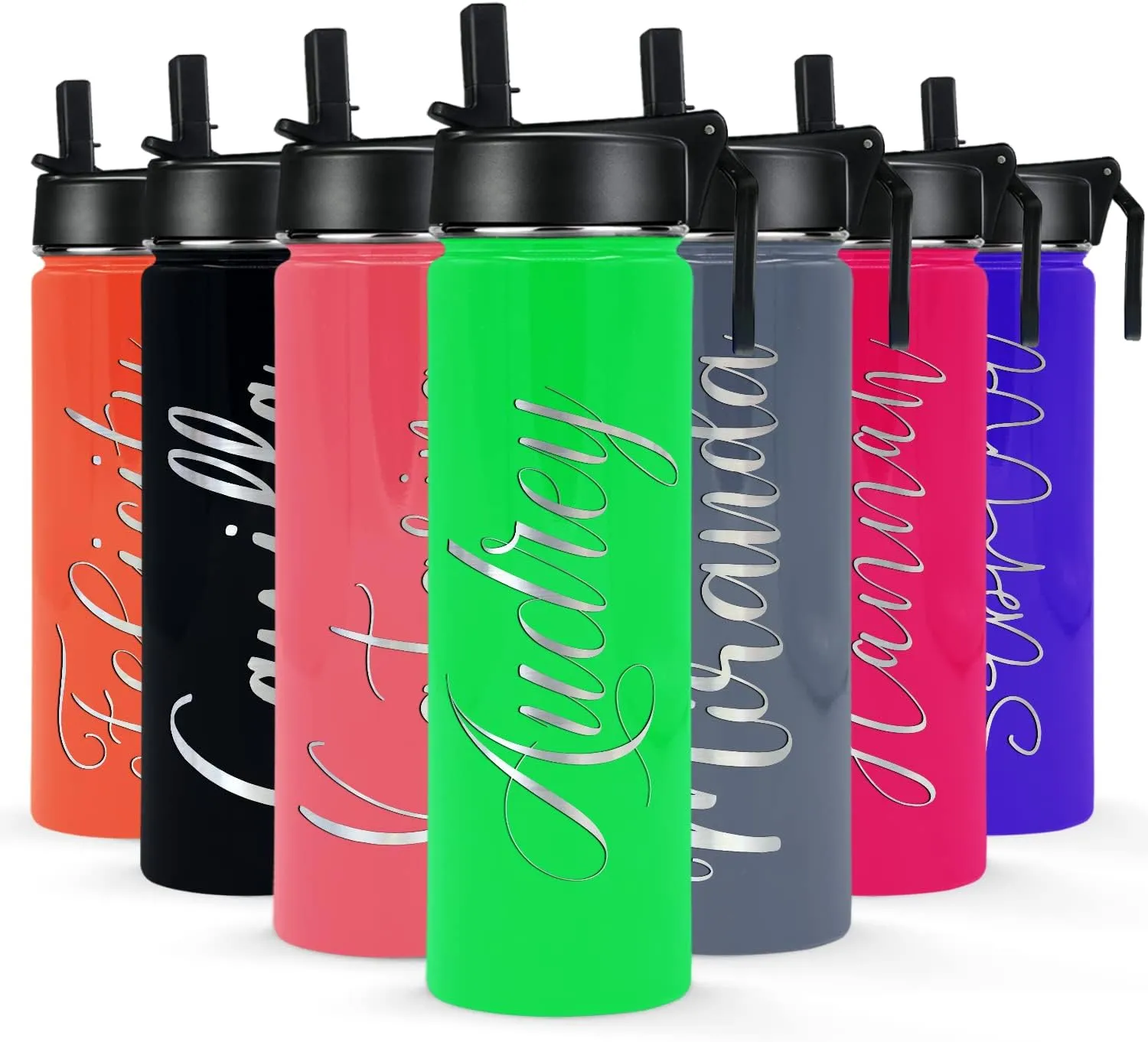 Gym Engraved Custom Women Name 24 bubbly amenity personality compactness xenon freshness oz Modern Insulated Stainless Steel Personalized Water Bottle with Straw Lid on Neon Green Gloss for 