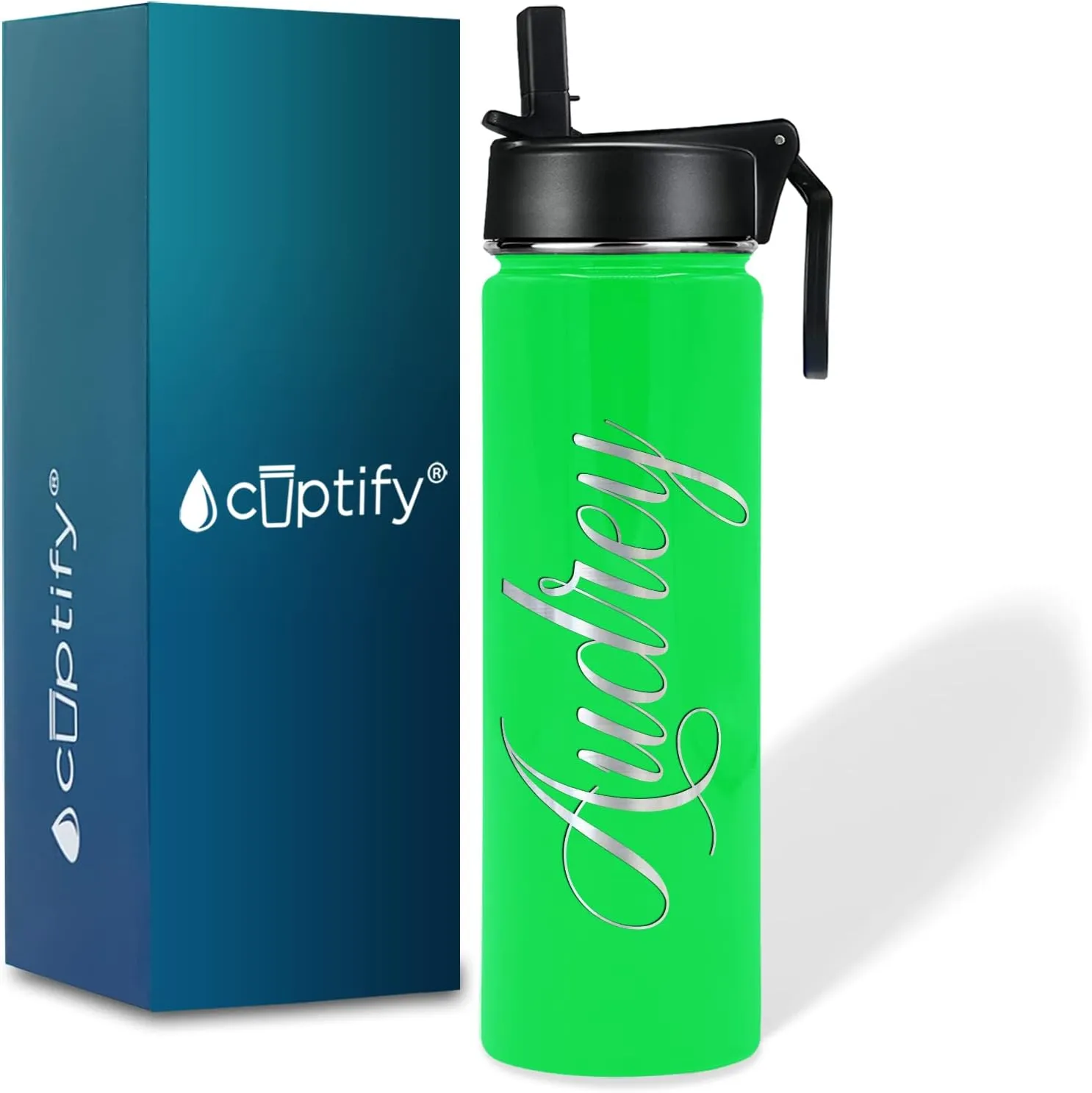 Gym Engraved Custom Women Name 24 bubbly amenity personality compactness xenon freshness oz Modern Insulated Stainless Steel Personalized Water Bottle with Straw Lid on Neon Green Gloss for 