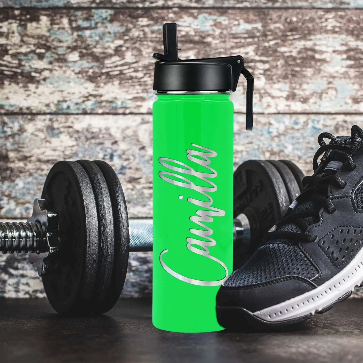 Gym Engraved Custom Women Name 24 bubbly amenity personality compactness xenon freshness oz Modern Insulated Stainless Steel Personalized Water Bottle with Straw Lid on Neon Green Gloss for 