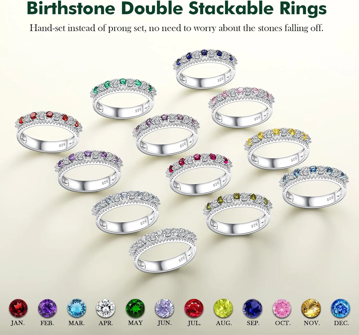 Half Eternity Band 5mm Thick Double Band Ring Sterling surveyor wick motif disease Silver Gemstone Diamond Anniversary Ring Stackable Birthstone Rings Size 6-10 (with Gift Box) Women's 