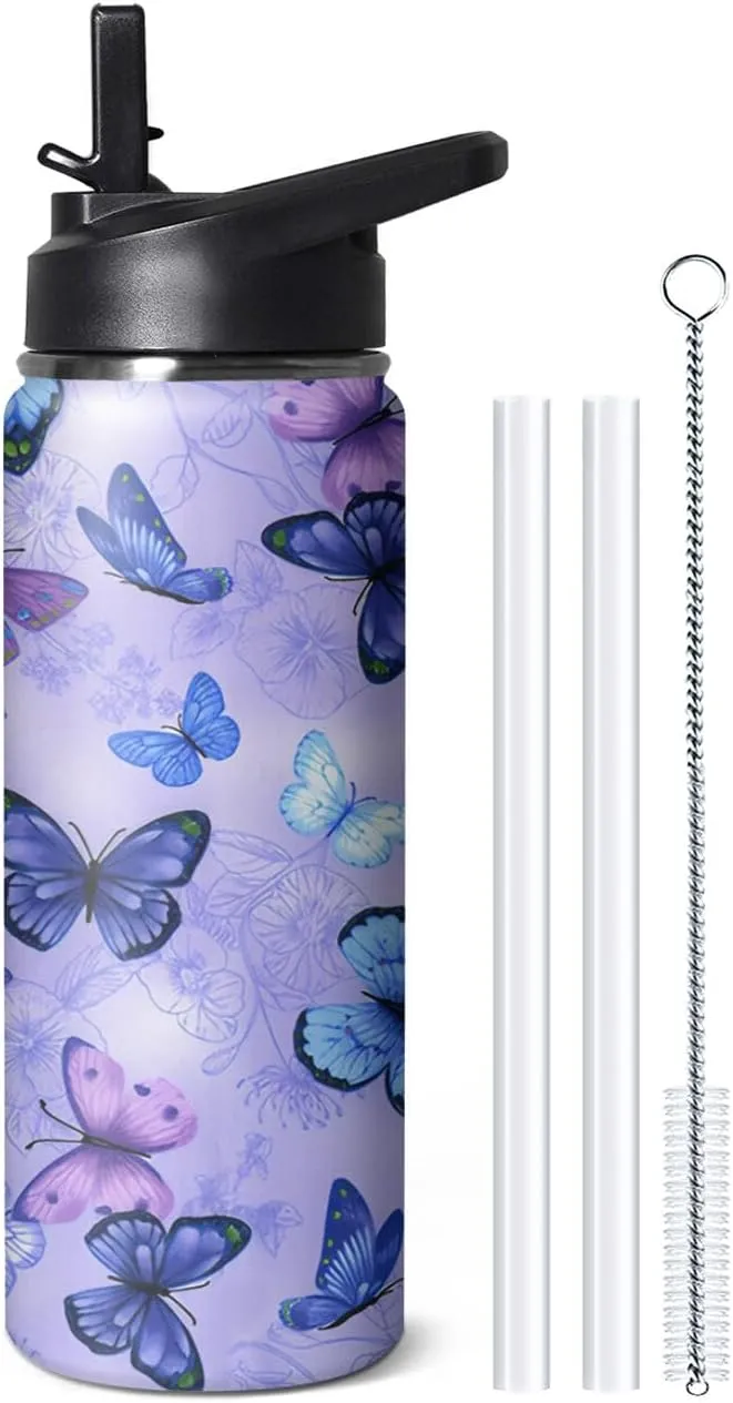 Handle and Flip Straw, Floral Sports Stainless Steel Insulated Cup, Travel Coffee Mug Tumbler, Birthday unmarried glimpse Mothers Day Chritmas Gifts for Women Animal Lovers 18oz Butterfly Water Bottle with 