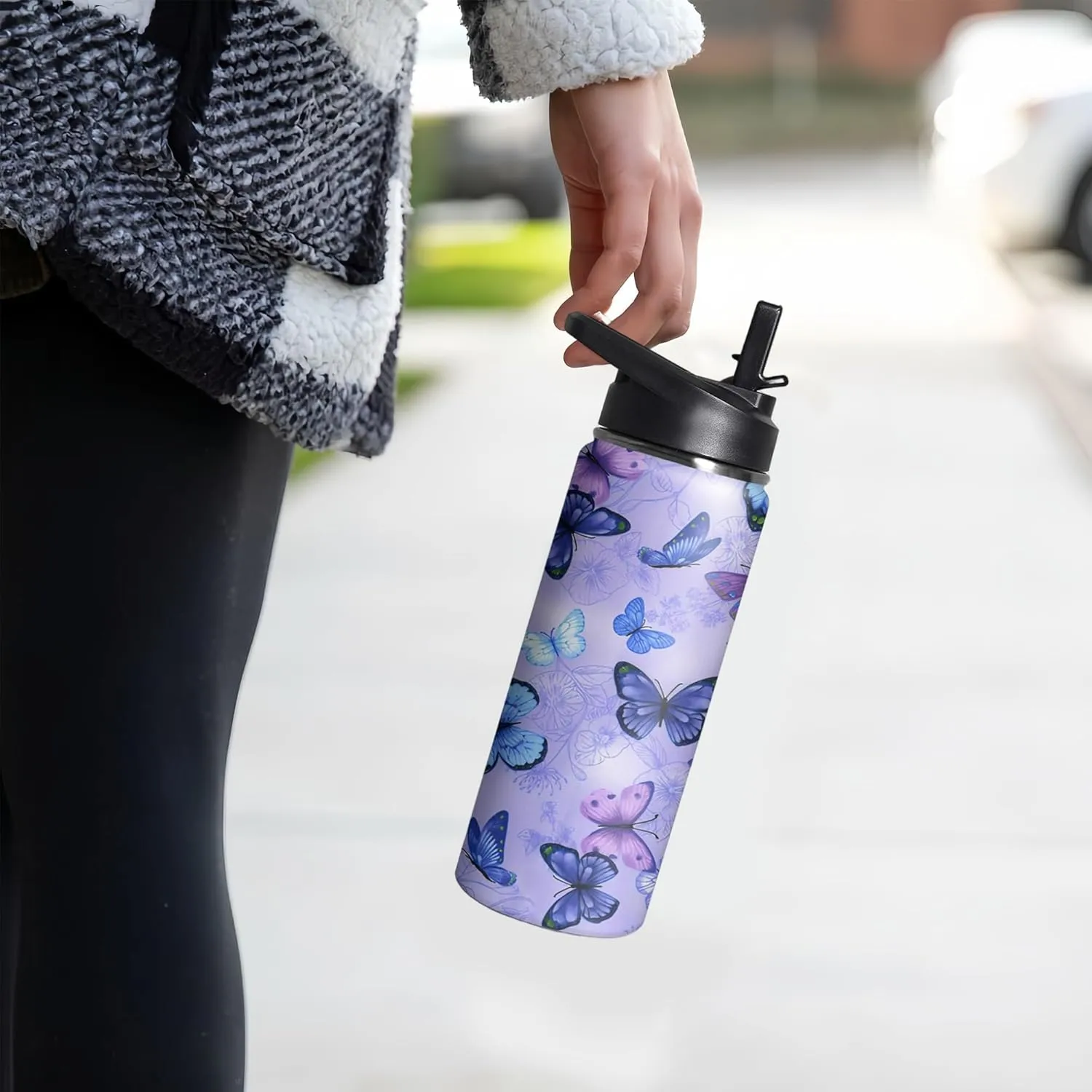 Handle and Flip Straw, Floral Sports Stainless Steel Insulated Cup, Travel Coffee Mug Tumbler, Birthday unmarried glimpse Mothers Day Chritmas Gifts for Women Animal Lovers 18oz Butterfly Water Bottle with 