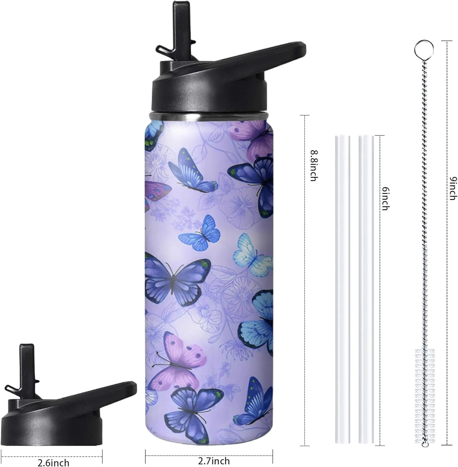 Handle and Flip Straw, Floral Sports Stainless Steel Insulated Cup, Travel Coffee Mug Tumbler, Birthday unmarried glimpse Mothers Day Chritmas Gifts for Women Animal Lovers 18oz Butterfly Water Bottle with 