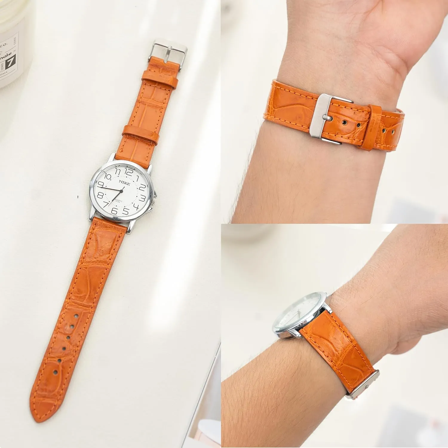 Handmade easter Leather Strap Slim Croc Replacement Wristband for Men Stainless Steel Buckle Christmas Father's Day Gift for Dad Son Husband DH-NO-153-19MM 19mm Flat Orange Leather Watch Band Quick Release 
