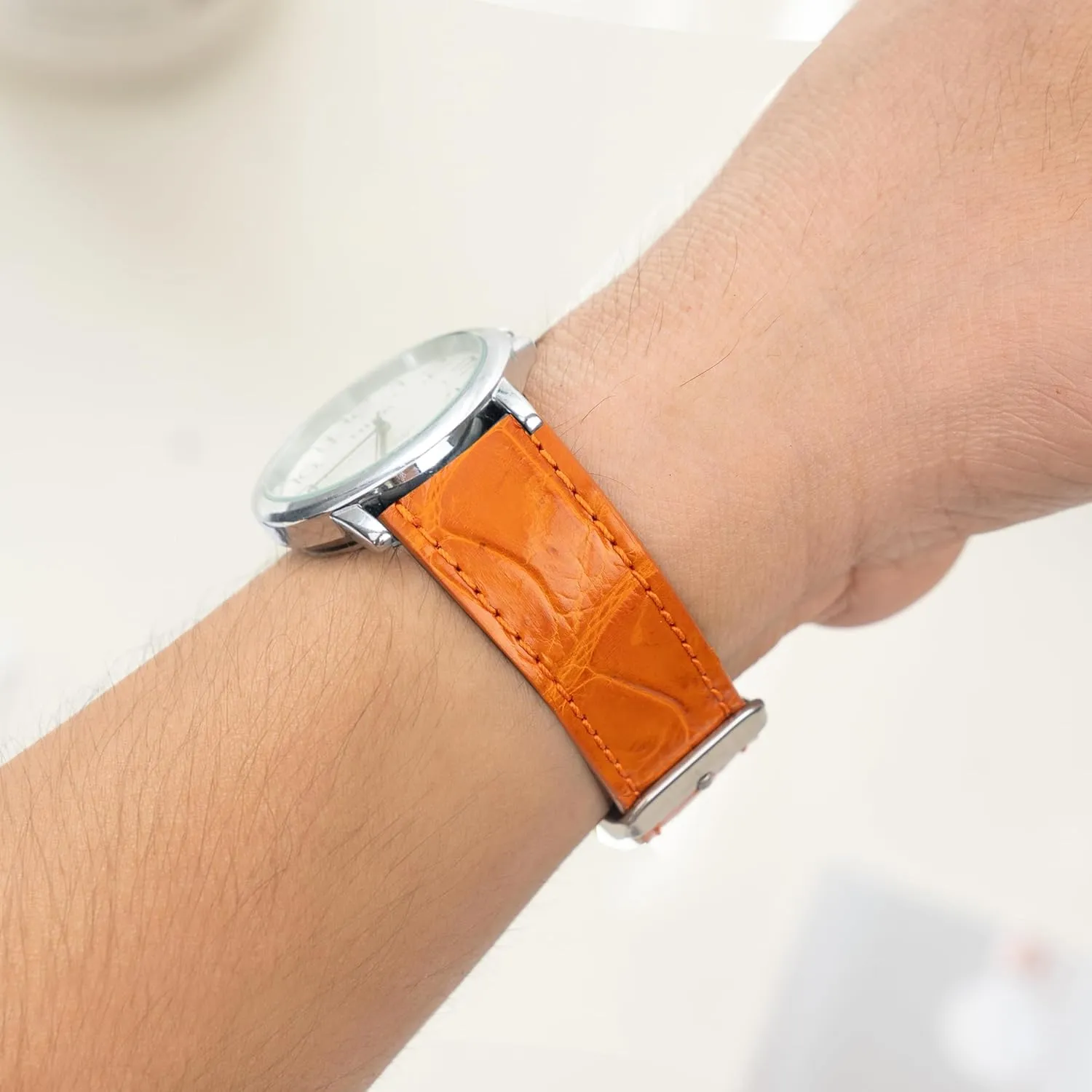 Handmade easter Leather Strap Slim Croc Replacement Wristband for Men Stainless Steel Buckle Christmas Father's Day Gift for Dad Son Husband DH-NO-153-19MM 19mm Flat Orange Leather Watch Band Quick Release 