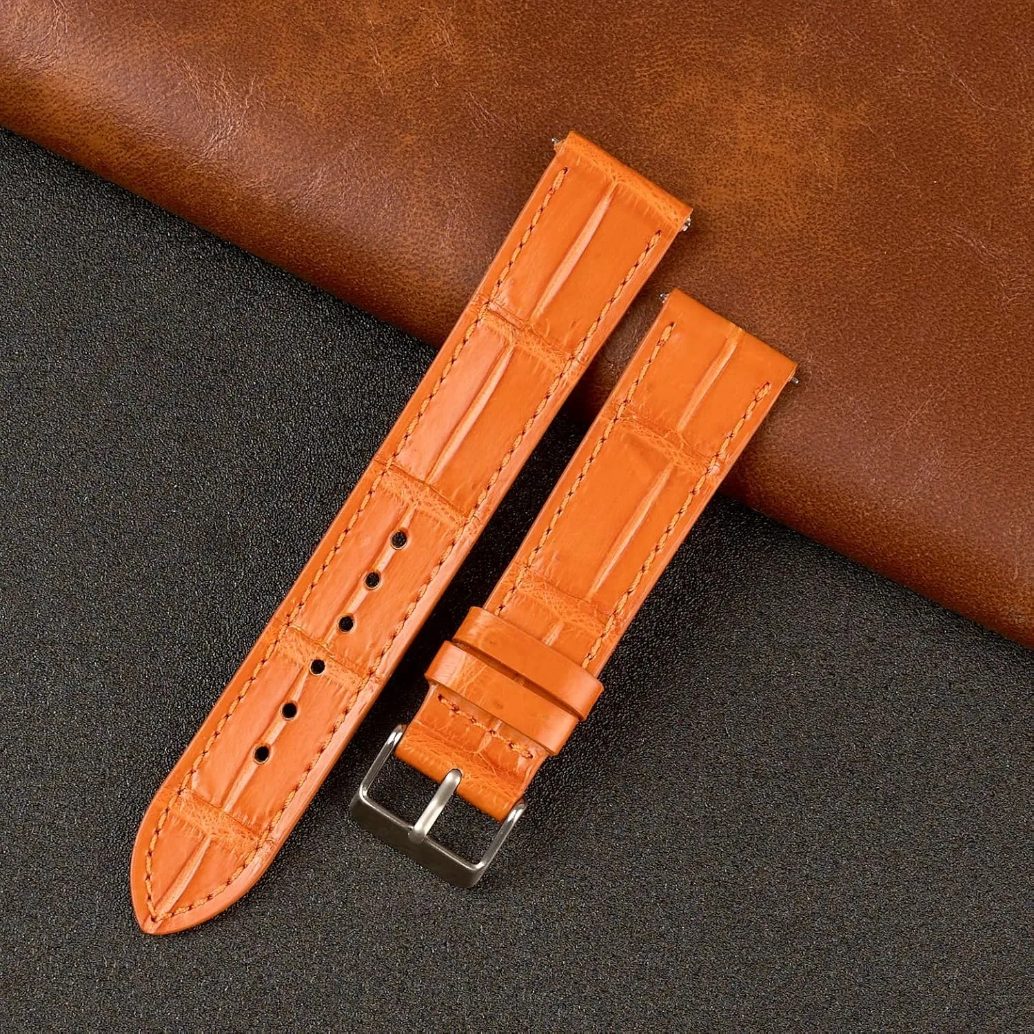 Handmade easter Leather Strap Slim Croc Replacement Wristband for Men Stainless Steel Buckle Christmas Father's Day Gift for Dad Son Husband DH-NO-153-19MM 19mm Flat Orange Leather Watch Band Quick Release 