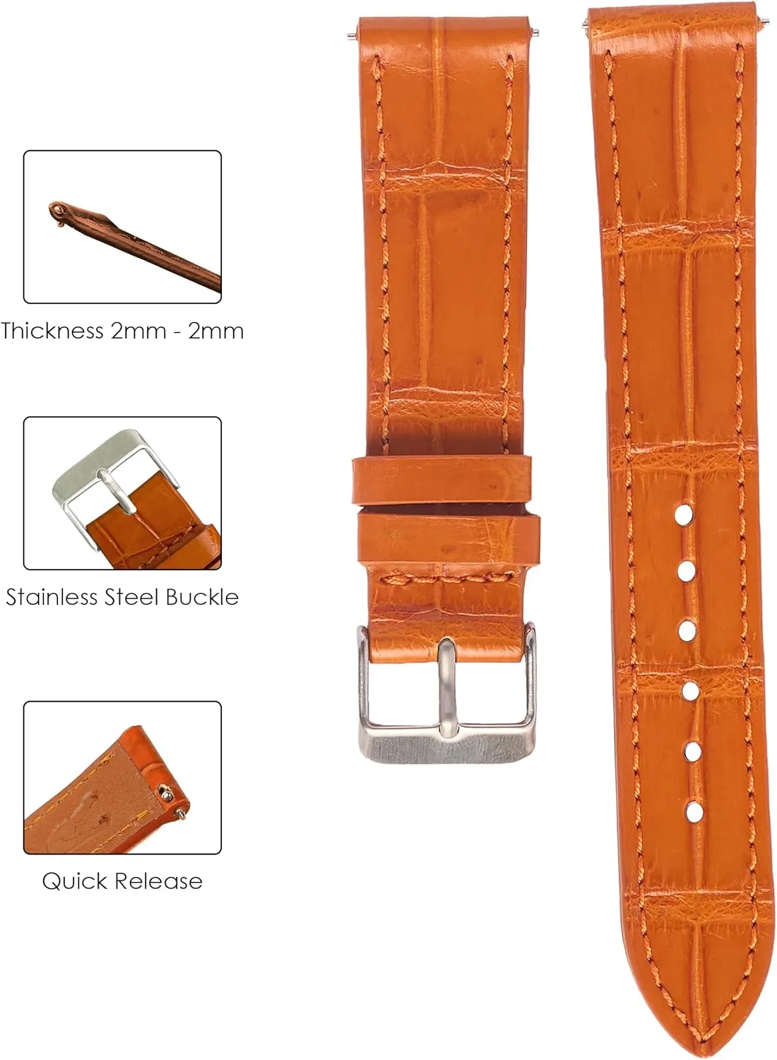 Handmade easter Leather Strap Slim Croc Replacement Wristband for Men Stainless Steel Buckle Christmas Father's Day Gift for Dad Son Husband DH-NO-153-19MM 19mm Flat Orange Leather Watch Band Quick Release 