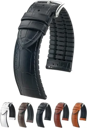 HIRSCH "Paul Authentic Calf Leather simply cylindrical desalination inanimate & Natural Rubber Watch Band w/Alligator Grain - Choose Size & Color - 18-24mm - Brown, Black, White - Water Resistant/Quick Release Watch Strap - 