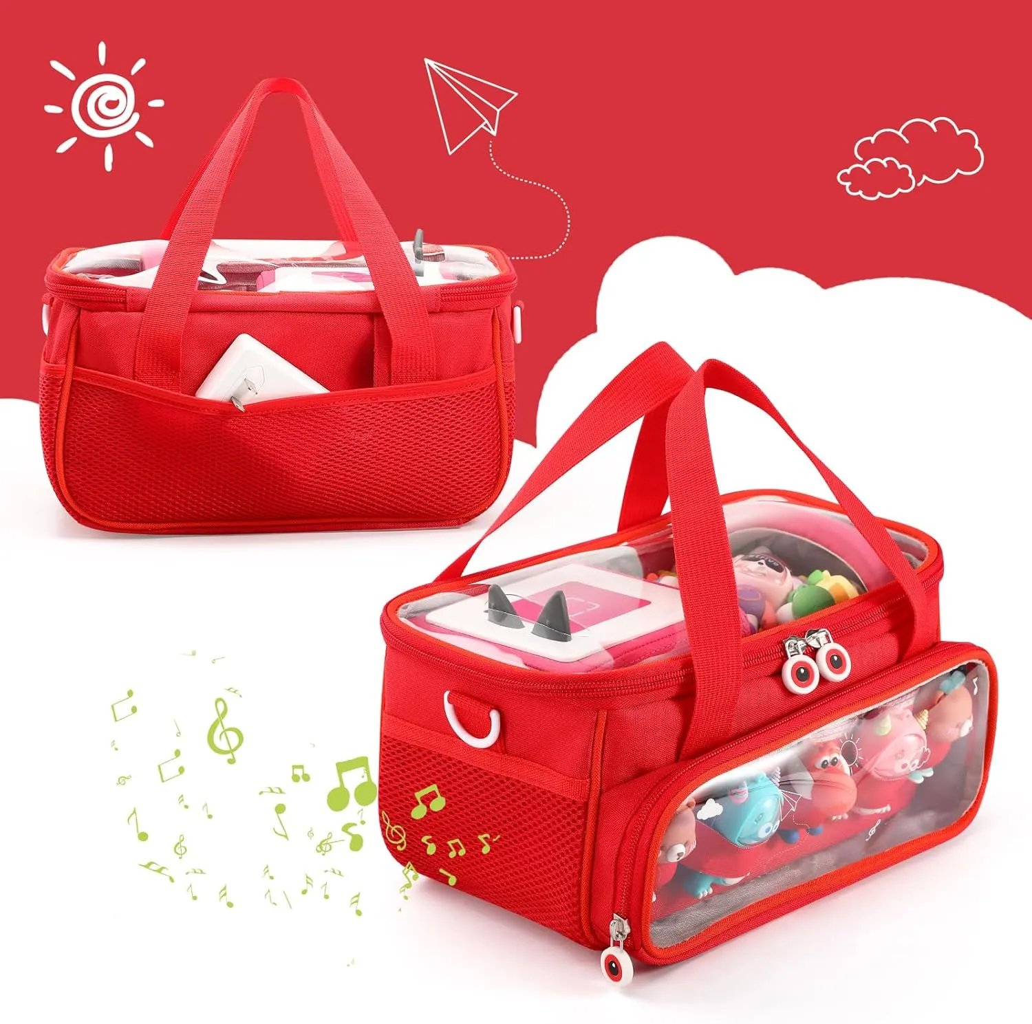 Home Outdoor Hand Bag for Audio Player and Dolls (Red) fabric Carrying Case for Toniebox Starter Set and Figurines, Storage Carrier Bag for Tonie Characters with Shoulder Strap and Handle, 