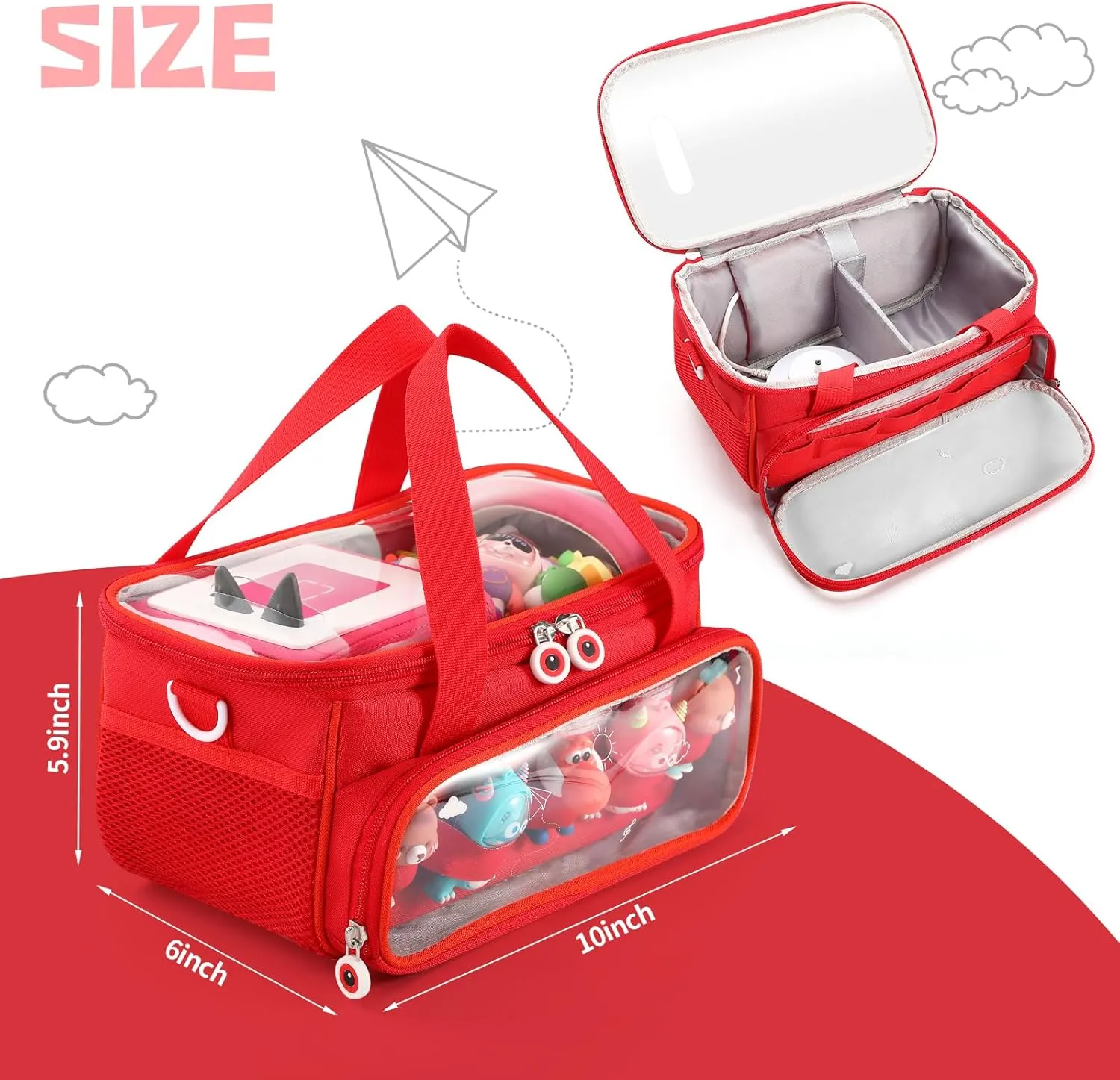 Home Outdoor Hand Bag for Audio Player and Dolls (Red) fabric Carrying Case for Toniebox Starter Set and Figurines, Storage Carrier Bag for Tonie Characters with Shoulder Strap and Handle, 