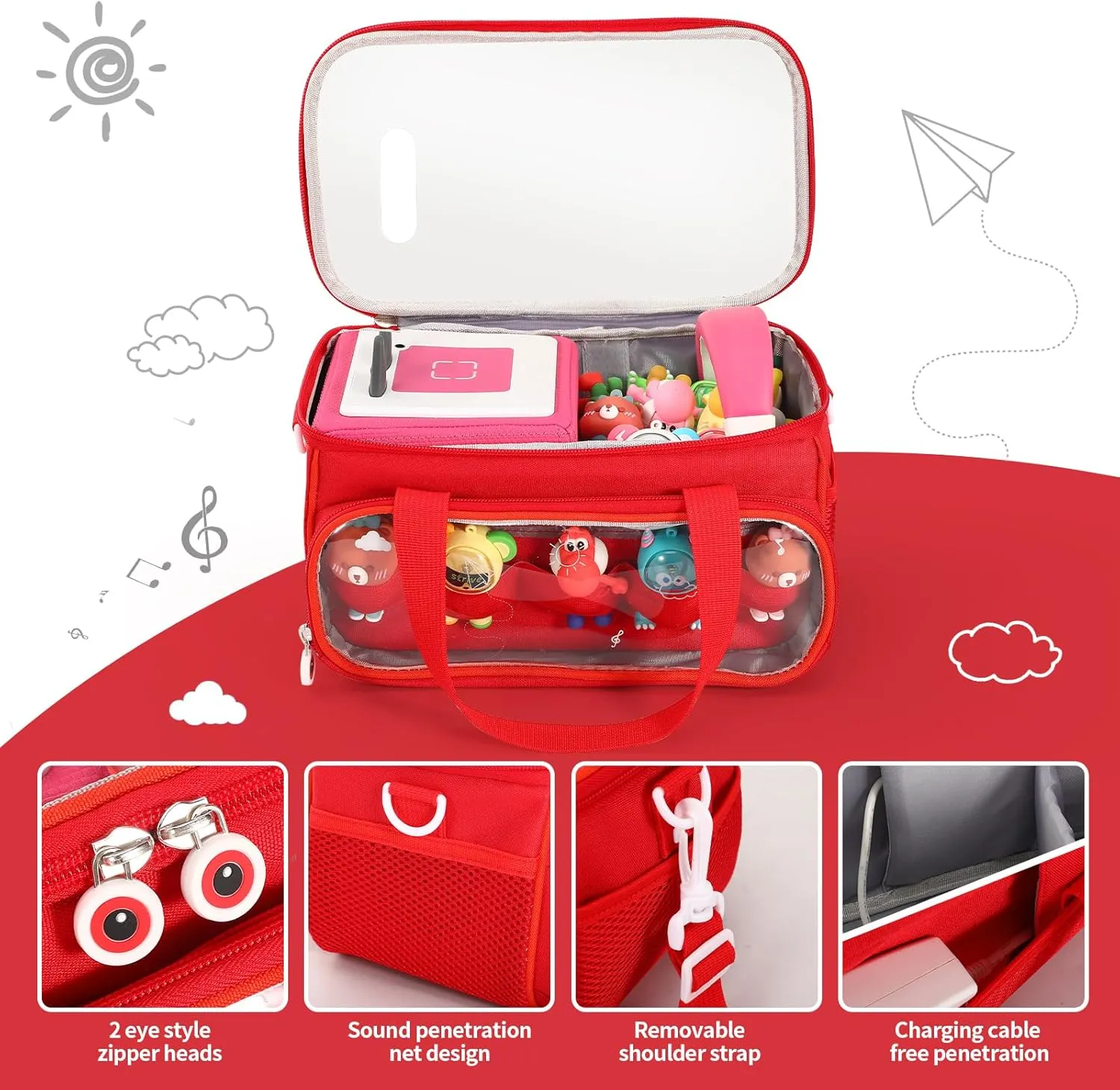 Home Outdoor Hand Bag for Audio Player and Dolls (Red) fabric Carrying Case for Toniebox Starter Set and Figurines, Storage Carrier Bag for Tonie Characters with Shoulder Strap and Handle, 