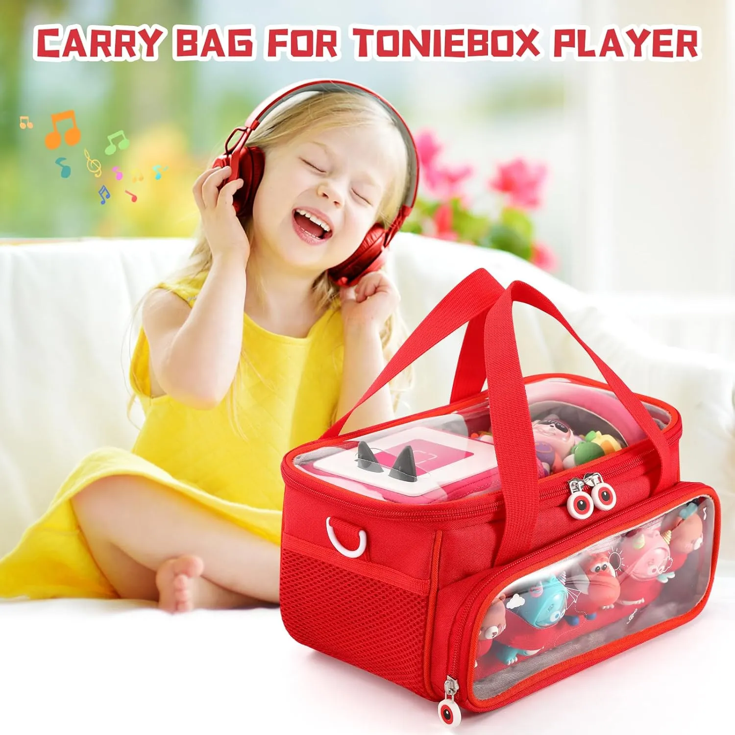 Home Outdoor Hand Bag for Audio Player and Dolls (Red) fabric Carrying Case for Toniebox Starter Set and Figurines, Storage Carrier Bag for Tonie Characters with Shoulder Strap and Handle, 