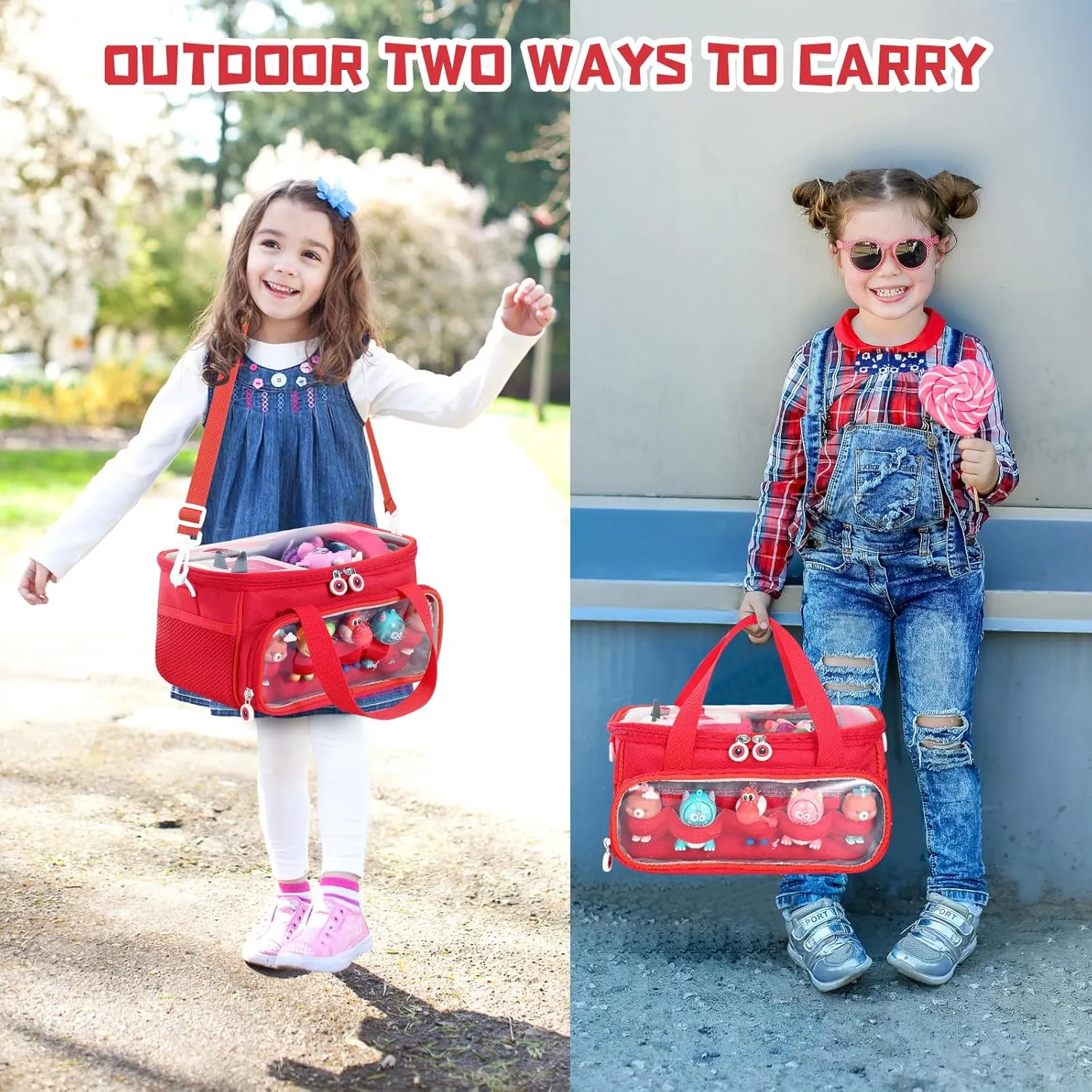 Home Outdoor Hand Bag for Audio Player and Dolls (Red) fabric Carrying Case for Toniebox Starter Set and Figurines, Storage Carrier Bag for Tonie Characters with Shoulder Strap and Handle, 