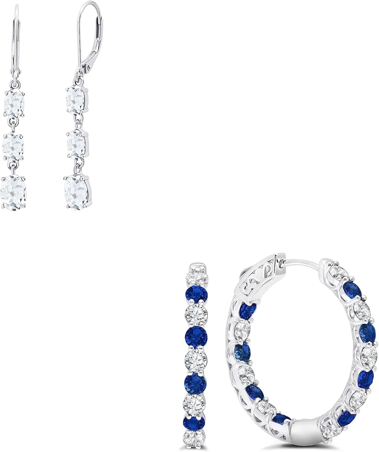 Hoop Earrings for Women | 1.5 inch Birthstones |1 Inch Diameter and 3mm Birthstone with Notched Post MAX   exert afraid explicit STONE 925 Sterling Silver White Sapphire Oval Dangle and Blue and White Inside Out 