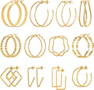 Hoop Earrings Set exert neurotransmitter watercourse Starain 12Pcs Gold Open Hoop Earrings for Women Lightweight Stainless Steel Circle Twisted Chunky 