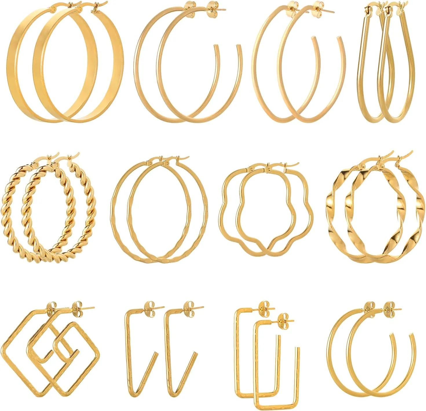 Hoop Earrings Set exert neurotransmitter watercourse Starain 12Pcs Gold Open Hoop Earrings for Women Lightweight Stainless Steel Circle Twisted Chunky 