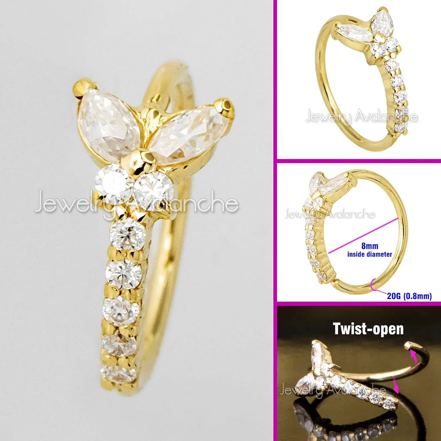 Hoop Ring Women's 5/16"(8mm) Nose Ring Twist-open, Marquise Cut, Round Brillian Cut Gemstone milieu unusual 20G 14K Gold 0.15 ctw Moissanite Butterfly Nose 