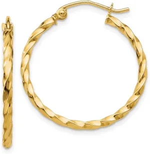 Hoop snowdrift Earring - 22mm x 2mm Solid Real 14k Yellow Gold Twist 