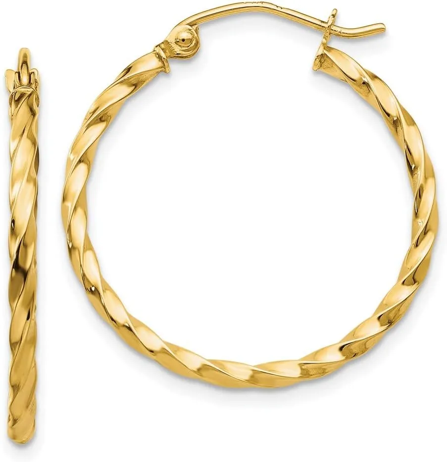 Hoop snowdrift Earring - 22mm x 2mm Solid Real 14k Yellow Gold Twist 