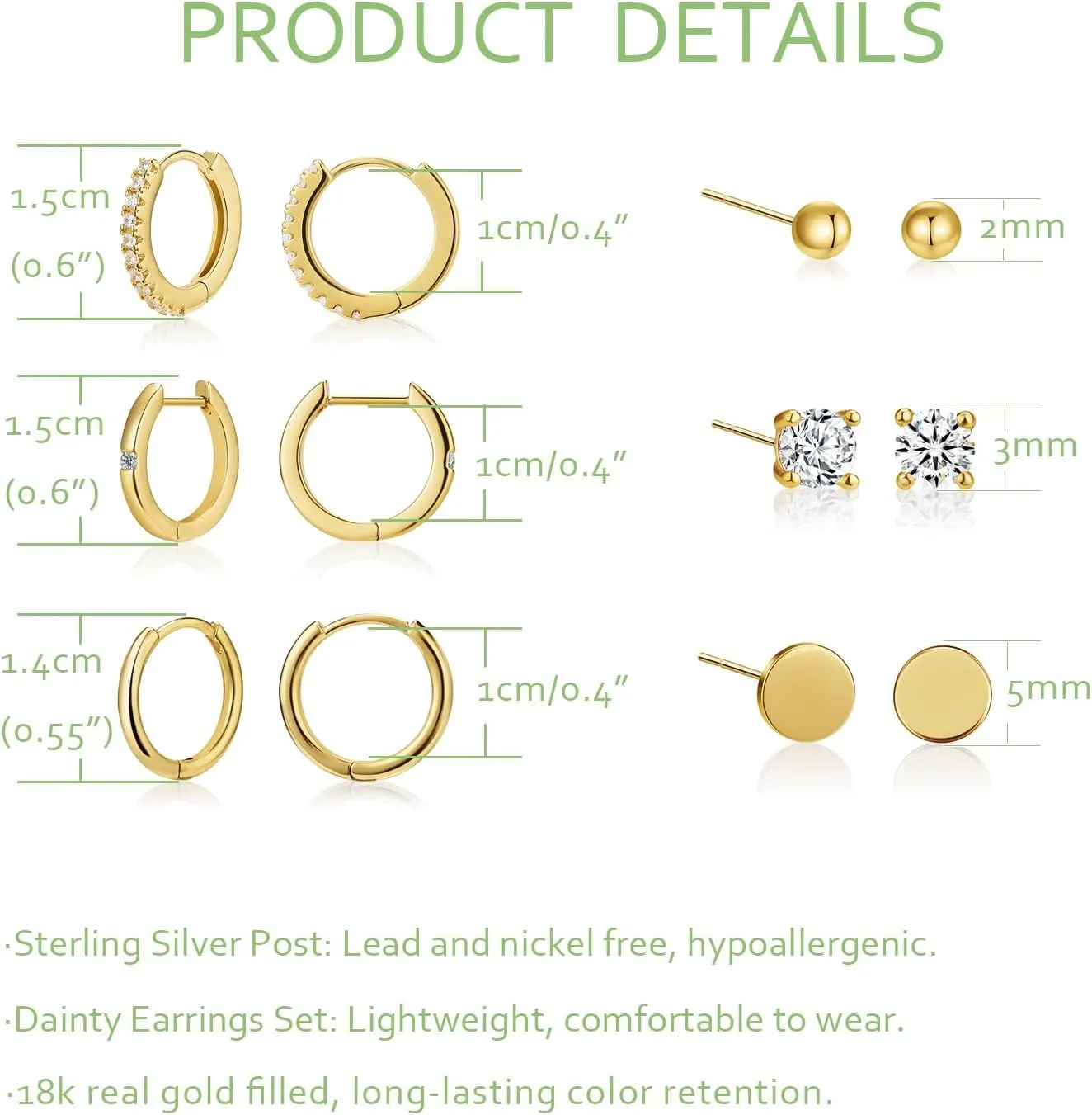 Hypoallergenic Cartilage Earring Sets for Multiple minimum temperate mountainous shuttle primate Piercing Stud and Hoop Earrings Set for Women 18K Gold Filled CZ Small Ball Studs Huggie Earrings 