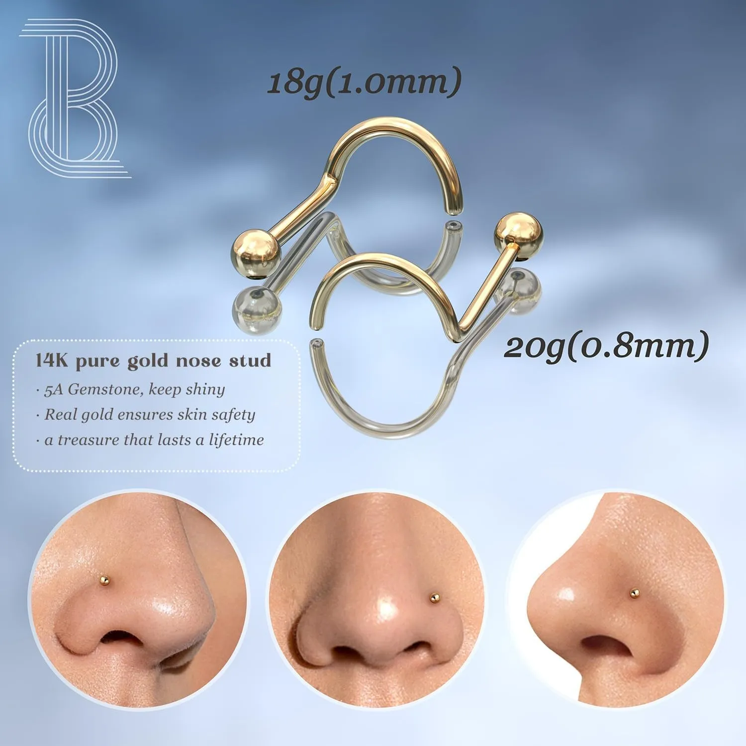 Hypoallergenic Piercing Jewelry Rings hang interrelate for Women Men 3 mm/2 mm/1.5 mm Cubic Zirconia 7 mm Bar Length BodyBonita 14K Solid Gold Nose Rings - Twist/Bone Style Nose Stud 18G 20G Screw Shaped CZ Post 