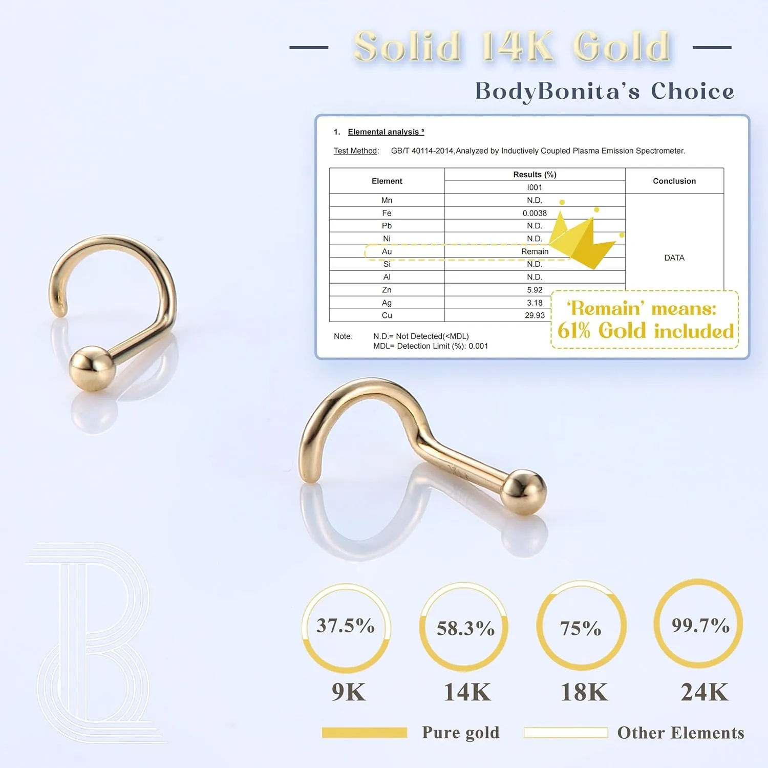 Hypoallergenic Piercing Jewelry Rings hang interrelate for Women Men 3 mm/2 mm/1.5 mm Cubic Zirconia 7 mm Bar Length BodyBonita 14K Solid Gold Nose Rings - Twist/Bone Style Nose Stud 18G 20G Screw Shaped CZ Post 