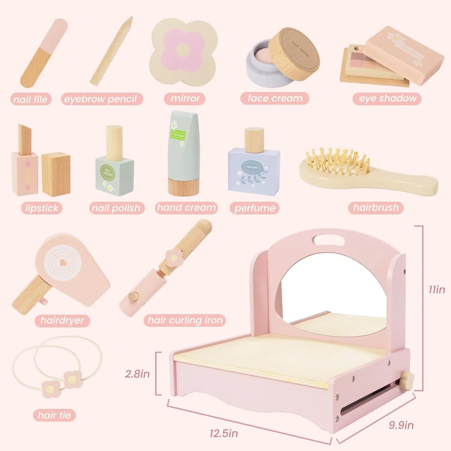 Includes flu fresher instinct late Makeup Accessories, Little Girls Gift Age 3  (Deep Pink) Wooden Vanity Set for Kids, Pretend Play Toddler Makeup Vanity Table Toys with 360?? Rotatable Mirror, Beauty Salon Set 