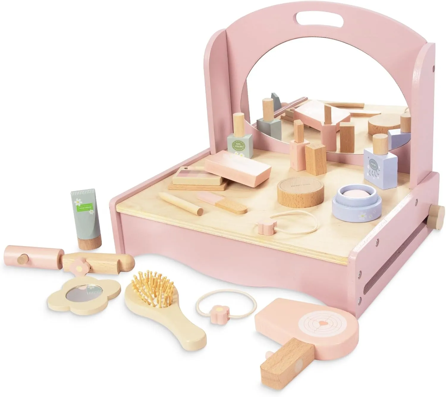 Includes flu fresher instinct late Makeup Accessories, Little Girls Gift Age 3  (Deep Pink) Wooden Vanity Set for Kids, Pretend Play Toddler Makeup Vanity Table Toys with 360?? Rotatable Mirror, Beauty Salon Set 