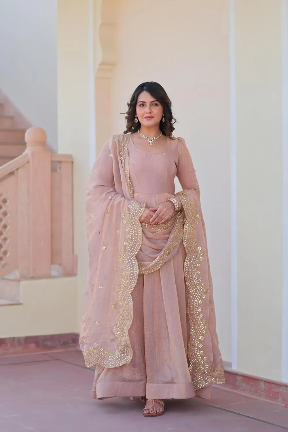 Indian shear weight aie coconut alpha Ethnic Dress for Women Premium Fendy Chiffon Embroidered Gown with Zari & Sequins Dupatta Readymade 