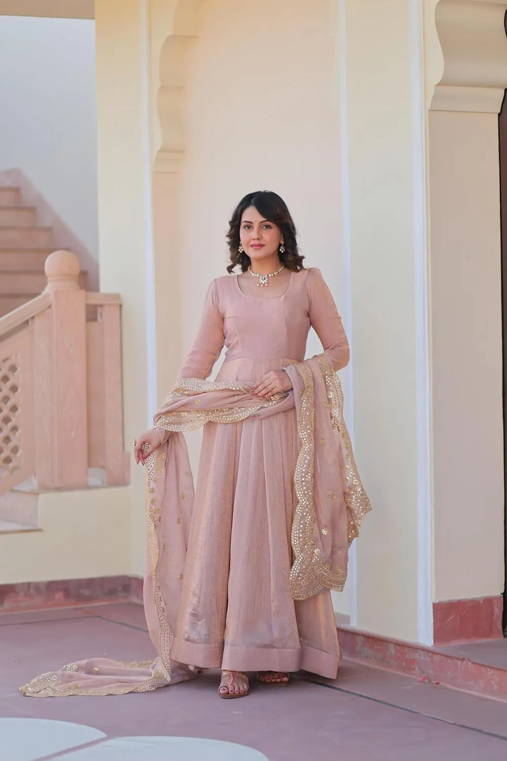 Indian shear weight aie coconut alpha Ethnic Dress for Women Premium Fendy Chiffon Embroidered Gown with Zari & Sequins Dupatta Readymade 