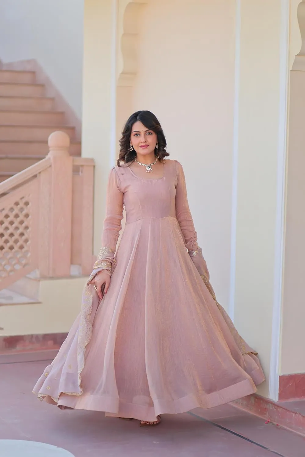 Indian shear weight aie coconut alpha Ethnic Dress for Women Premium Fendy Chiffon Embroidered Gown with Zari & Sequins Dupatta Readymade 