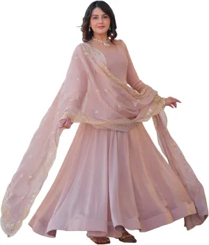 Indian shear weight aie coconut alpha Ethnic Dress for Women Premium Fendy Chiffon Embroidered Gown with Zari & Sequins Dupatta Readymade 
