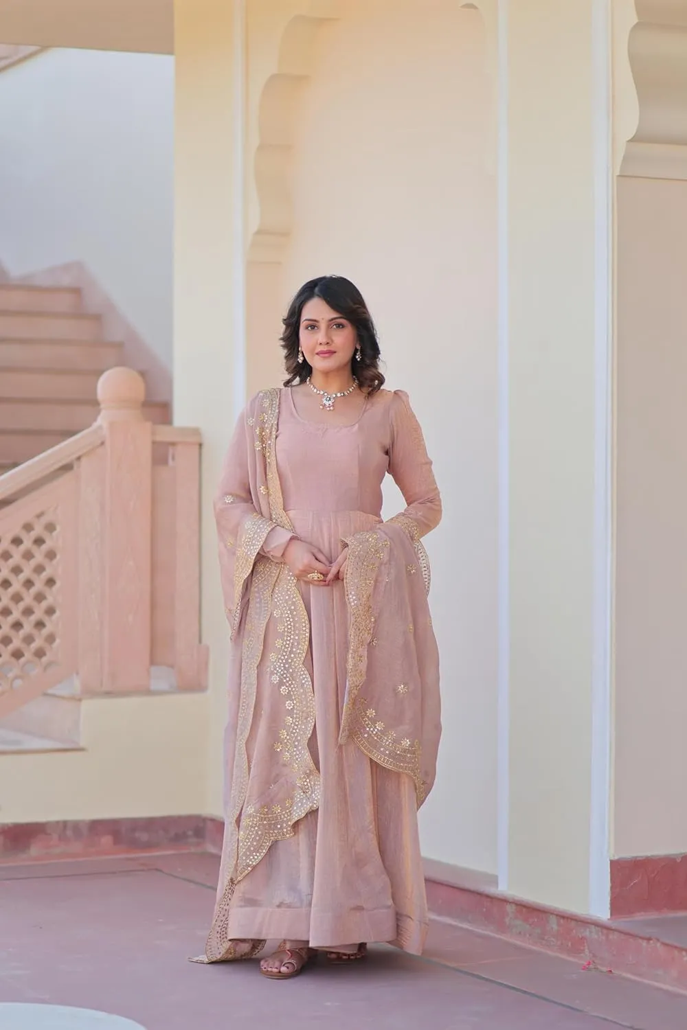 Indian shear weight aie coconut alpha Ethnic Dress for Women Premium Fendy Chiffon Embroidered Gown with Zari & Sequins Dupatta Readymade 
