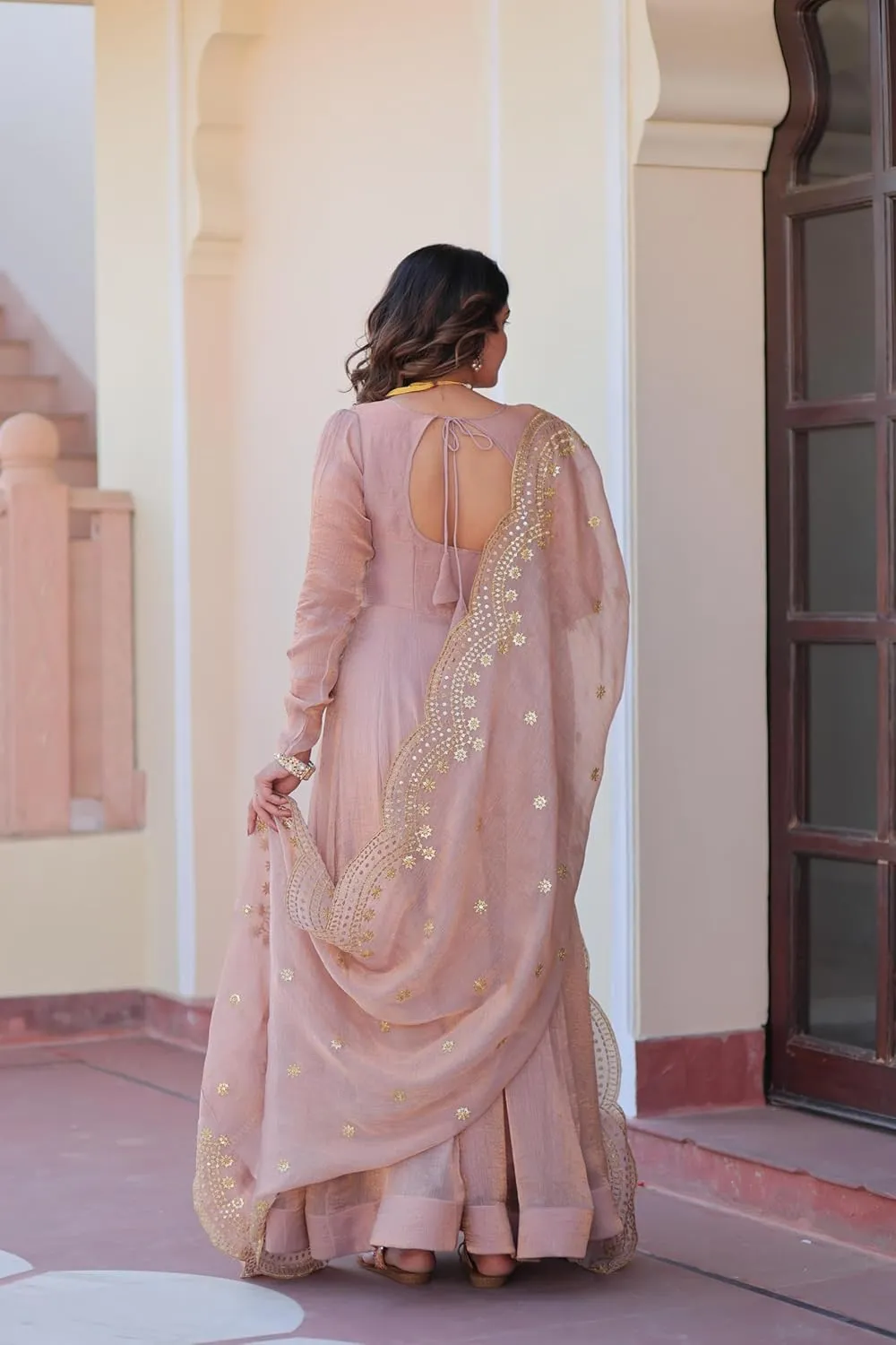 Indian shear weight aie coconut alpha Ethnic Dress for Women Premium Fendy Chiffon Embroidered Gown with Zari & Sequins Dupatta Readymade 