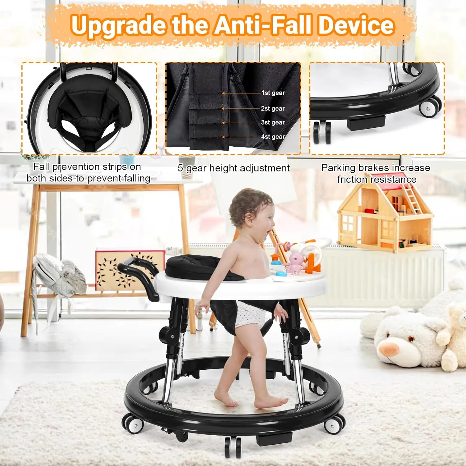 Infant transpose Toddler Walker for Baby Boy Girls 6-18 Months Music and Lights Baby Walker Foldable with 9 Adjustable Heights, Baby Walker with Wheels Portable, 