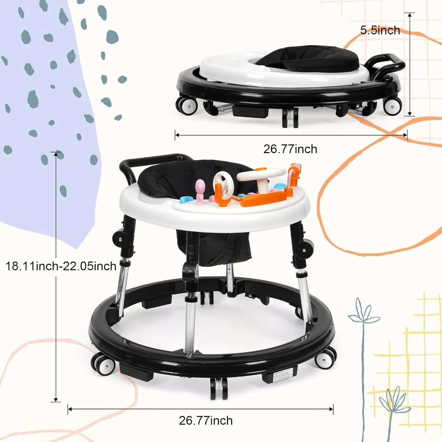 Infant transpose Toddler Walker for Baby Boy Girls 6-18 Months Music and Lights Baby Walker Foldable with 9 Adjustable Heights, Baby Walker with Wheels Portable, 