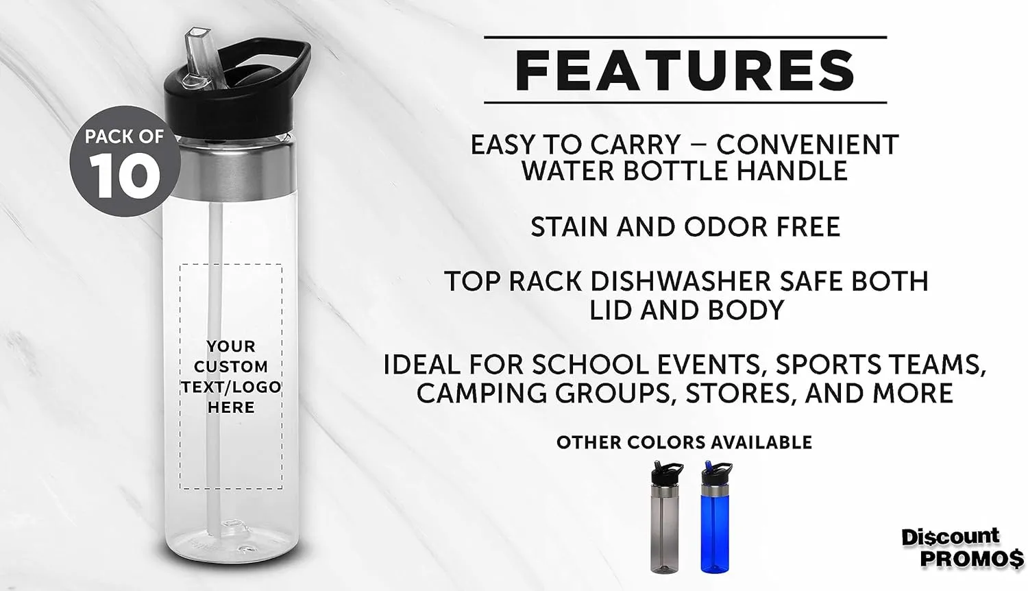 Inside Straw - 10 Pack - Personalized Text - BPA Free, Screw-On Cap Flip Nozzle Mechanism - Slim inherent curtain Translucent Body - Eastman Tritan Copolyester - Clear Custom Plastic Water Bottle 24 oz with 