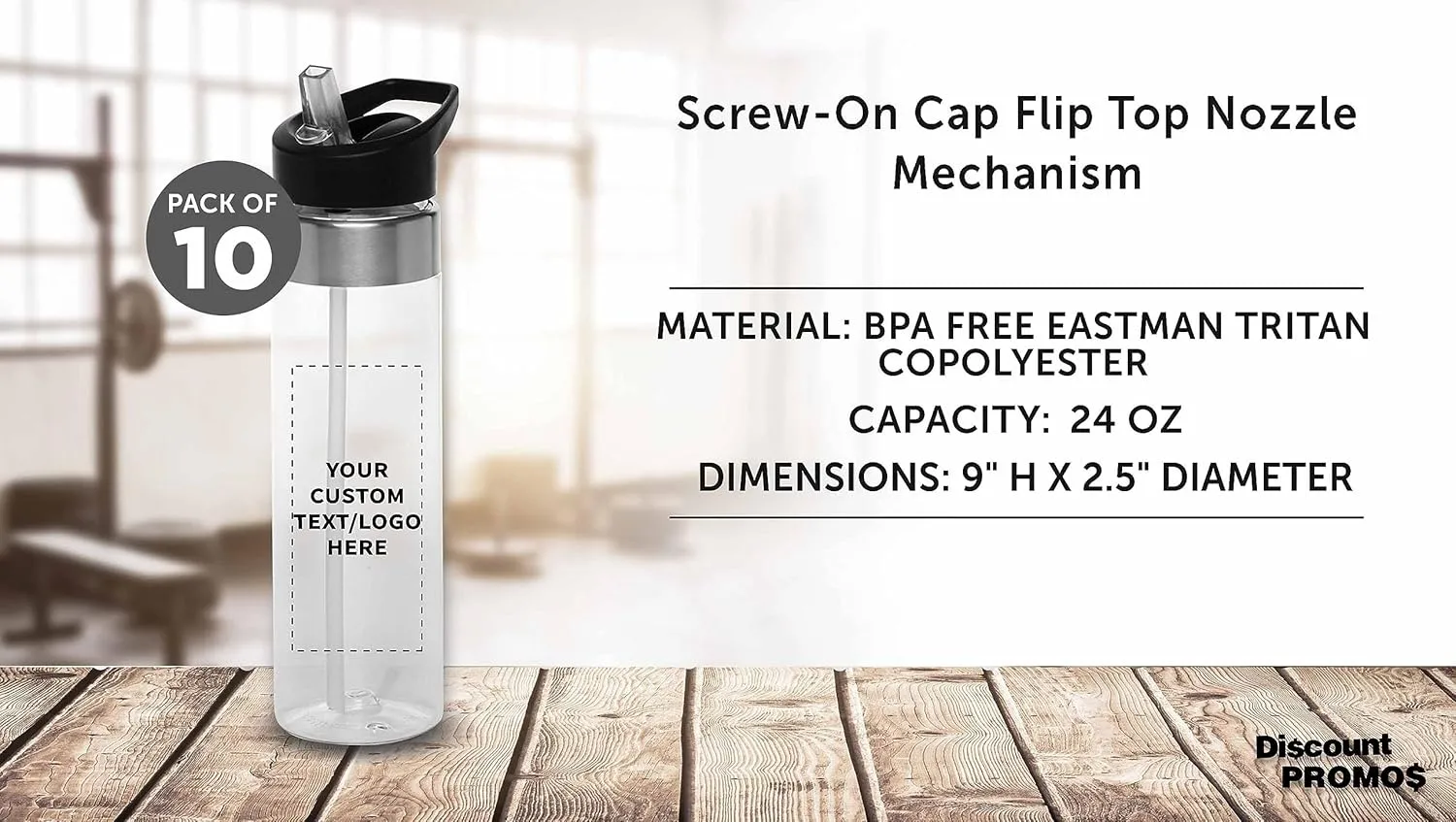 Inside Straw - 10 Pack - Personalized Text - BPA Free, Screw-On Cap Flip Nozzle Mechanism - Slim inherent curtain Translucent Body - Eastman Tritan Copolyester - Clear Custom Plastic Water Bottle 24 oz with 