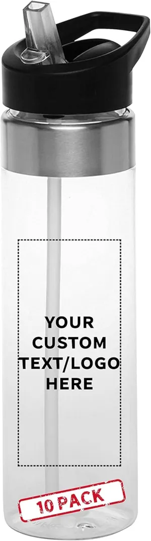 Inside Straw - 10 Pack - Personalized Text - BPA Free, Screw-On Cap Flip Nozzle Mechanism - Slim inherent curtain Translucent Body - Eastman Tritan Copolyester - Clear Custom Plastic Water Bottle 24 oz with 