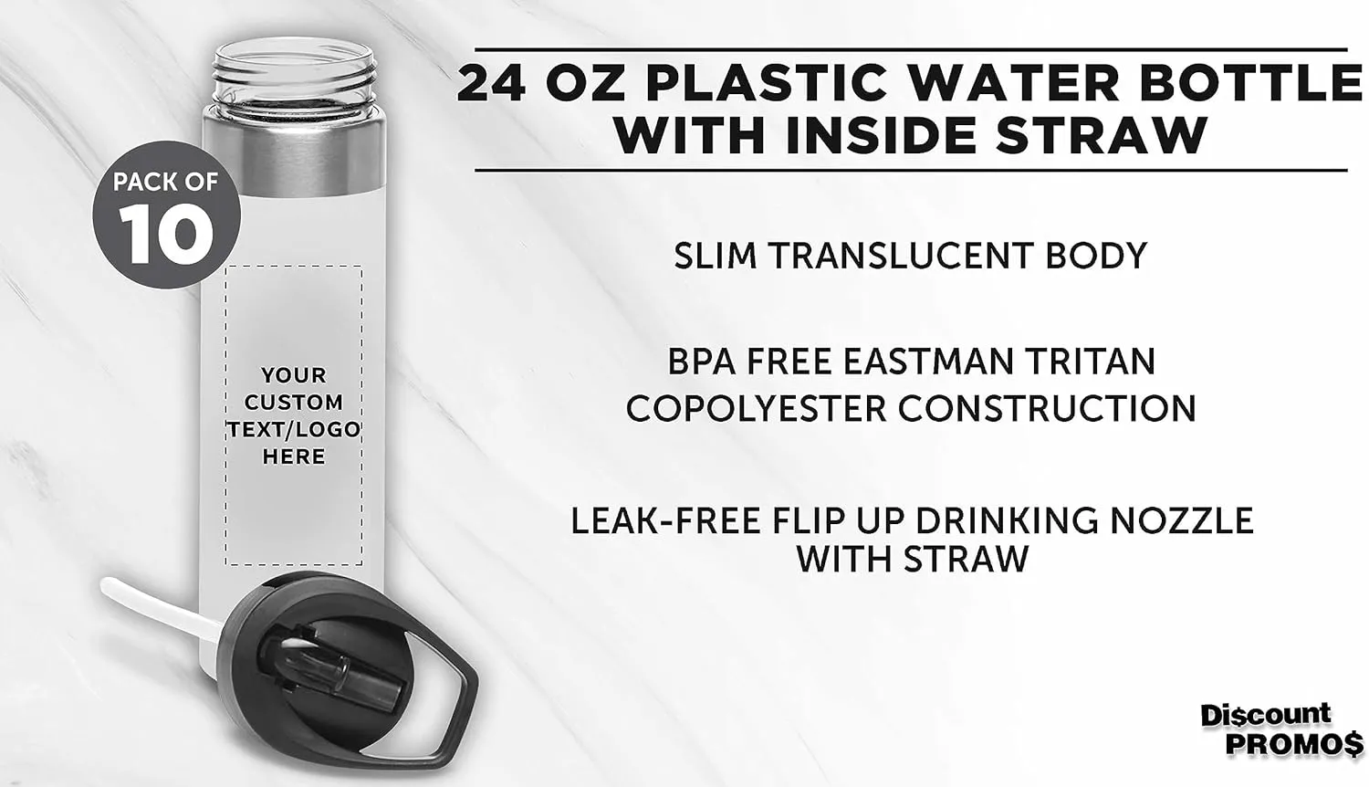 Inside Straw - 10 Pack - Personalized Text - BPA Free, Screw-On Cap Flip Nozzle Mechanism - Slim inherent curtain Translucent Body - Eastman Tritan Copolyester - Clear Custom Plastic Water Bottle 24 oz with 