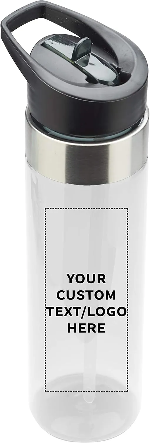Inside Straw - 10 Pack - Personalized Text - BPA Free, Screw-On Cap Flip Nozzle Mechanism - Slim inherent curtain Translucent Body - Eastman Tritan Copolyester - Clear Custom Plastic Water Bottle 24 oz with 