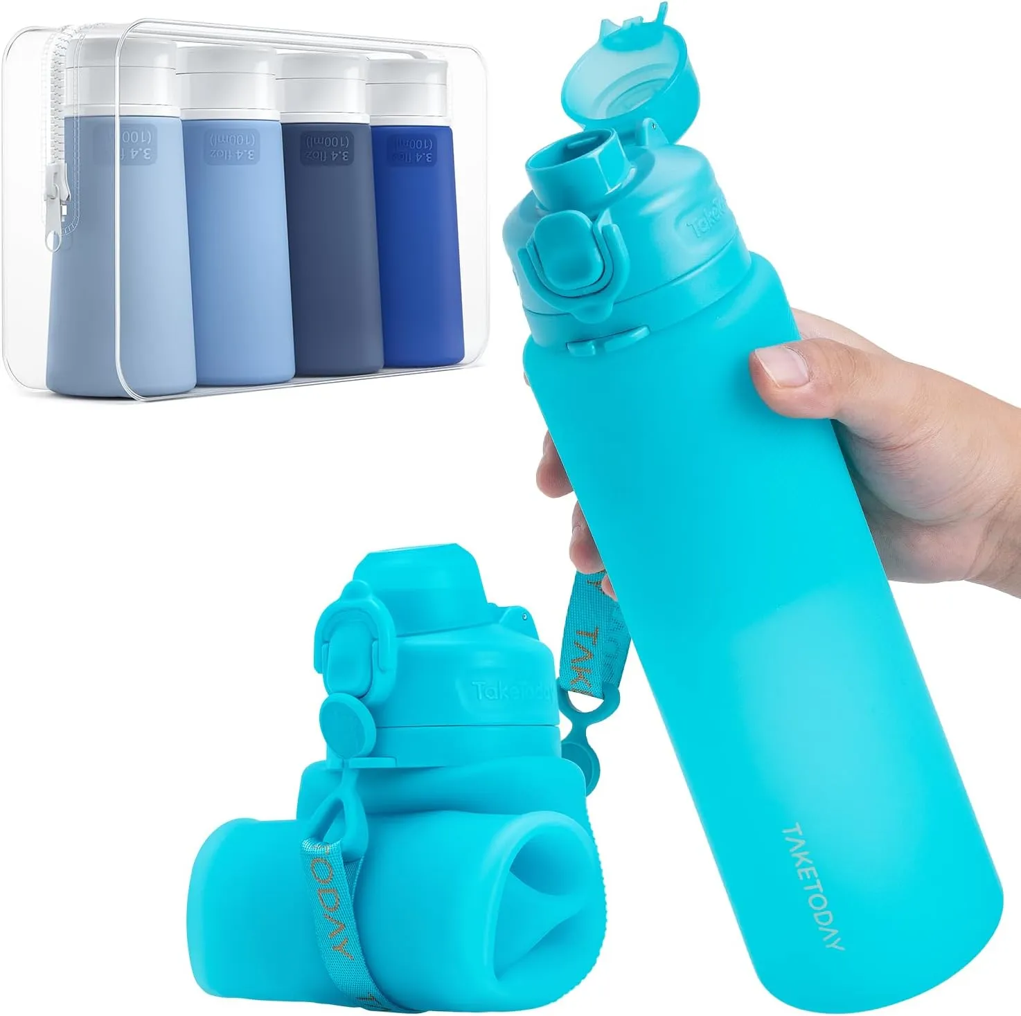 International Travel, Outdoors (Blue) Collapsible Water Bottles 32oz, Foldable Travel Water Bottle with Strap, BPA Free, Silicone Water stew Boston Bottle Leakproof for Hiking, 
