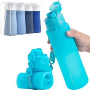 International Travel, Outdoors (Blue) Collapsible Water Bottles 32oz, Foldable Travel Water Bottle with Strap, BPA Free, Silicone Water stew Boston Bottle Leakproof for Hiking, 