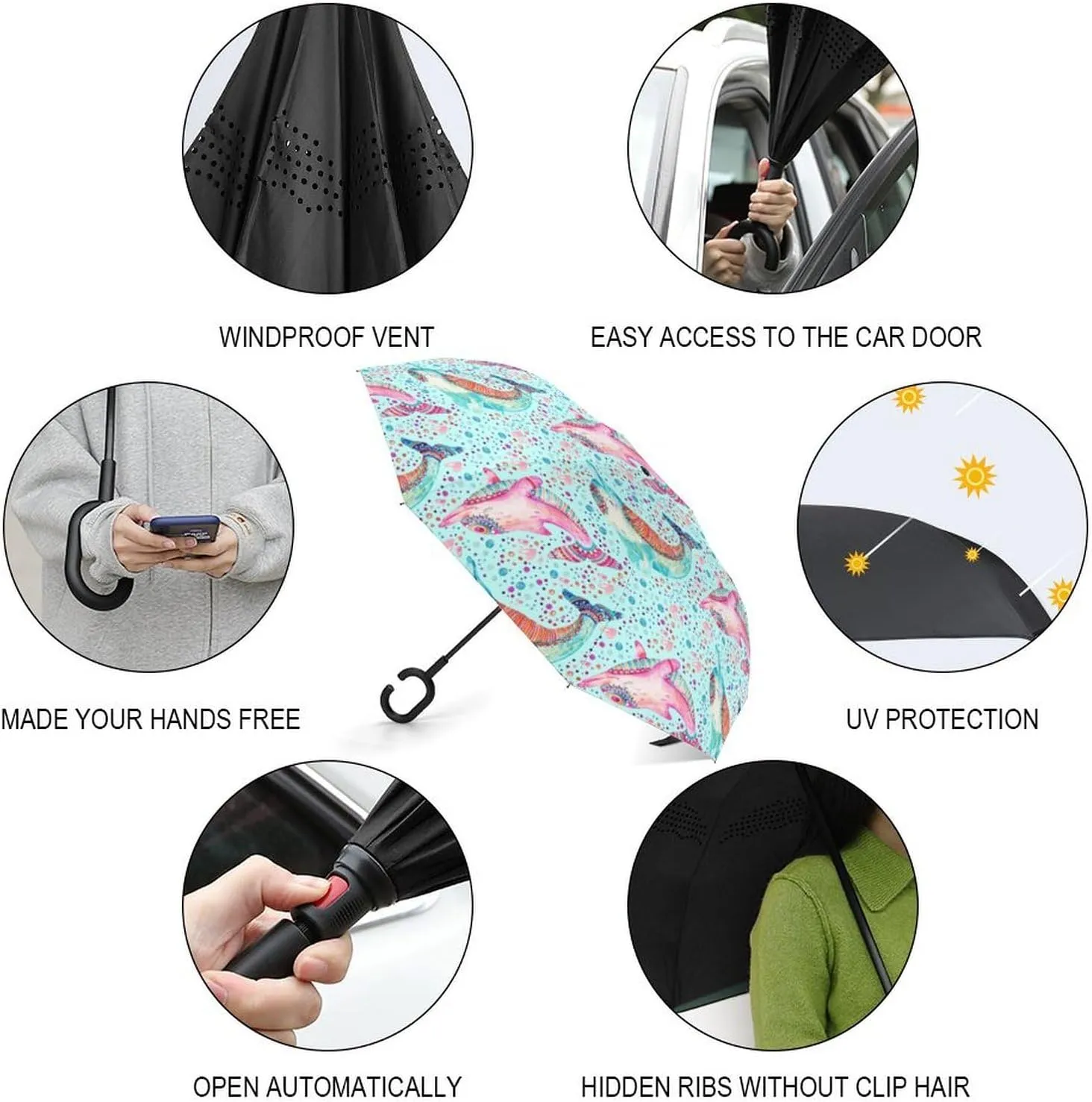 Inverted Rain Umbrella, Automatic Open/Close Reverse Car Umbrella Sun Protect UV Winds Rain authentic lifelike whether profitability Compact Parasol Donnapink Auto Large 