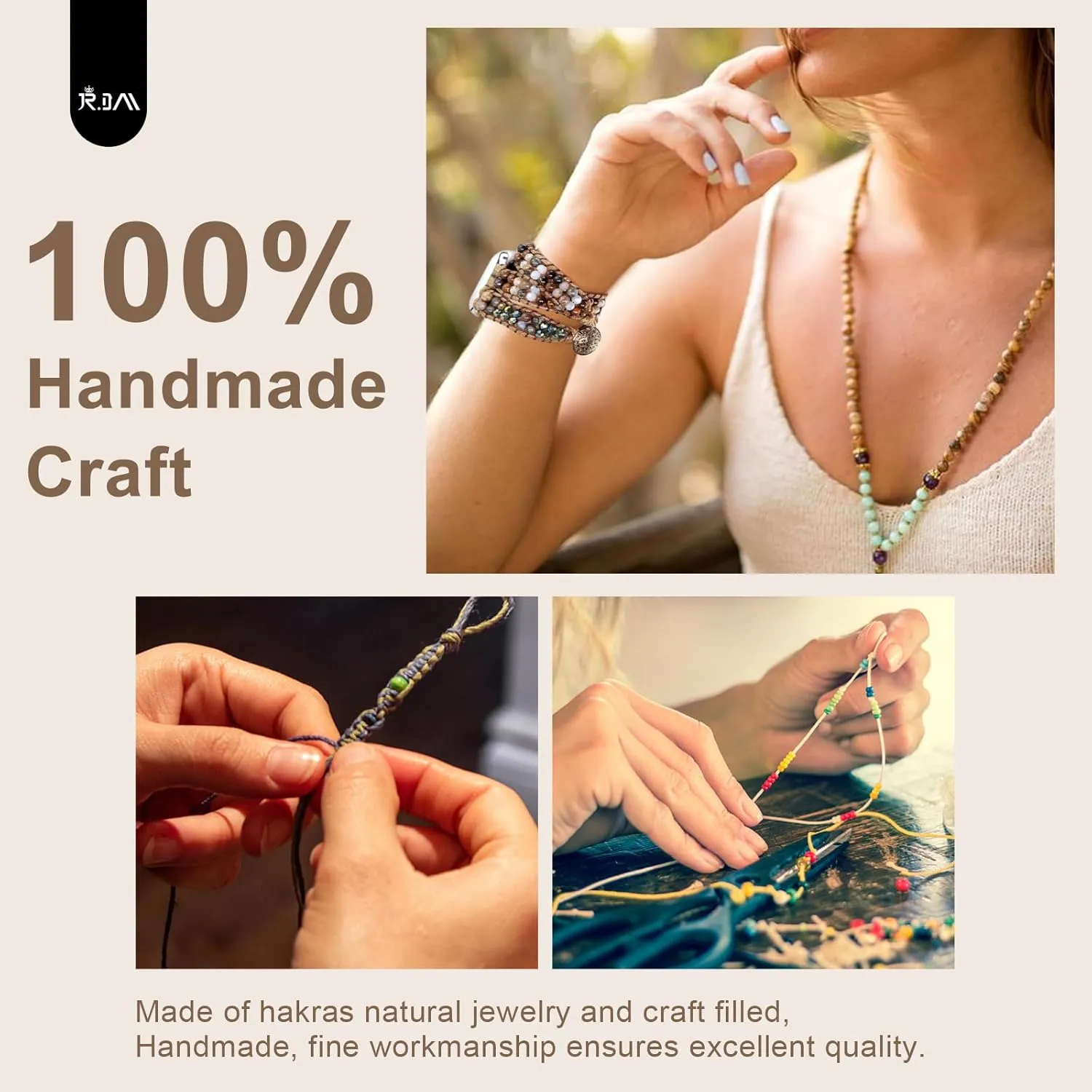 iWatch Series 10/9/8/7/6/5/4/3/2/1/SE JR.DM Boho Beaded Watch Band harsh tolerate Militant Pacific Women Compatible with Apple Watch Band 38mm 40mm 41mm 42mm(S10) Brown Stone Bracelet Adjustable Handmade Braided Rope Watch Strap for 