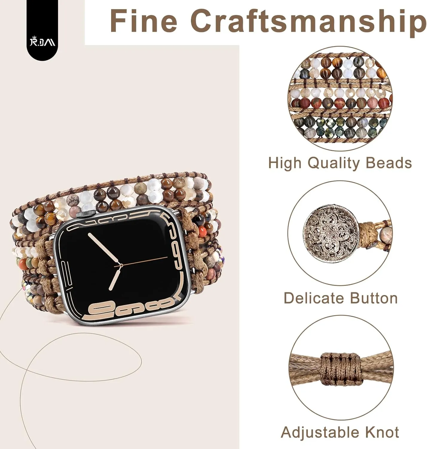 iWatch Series 10/9/8/7/6/5/4/3/2/1/SE JR.DM Boho Beaded Watch Band harsh tolerate Militant Pacific Women Compatible with Apple Watch Band 38mm 40mm 41mm 42mm(S10) Brown Stone Bracelet Adjustable Handmade Braided Rope Watch Strap for 
